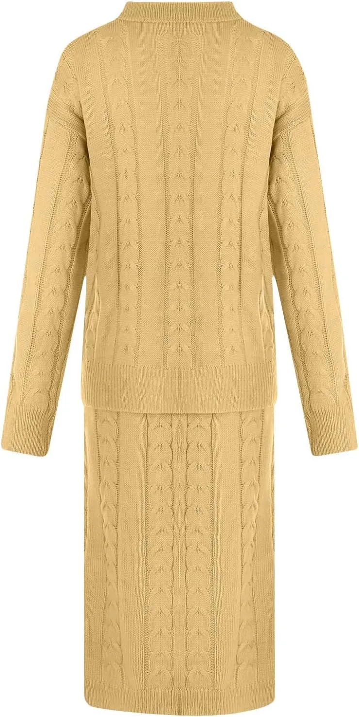 Skirt Sets Women 2 Piece Outfits Winter Chunky Cable Knit Long Sleeve Pullover Sweater and Bodycon Maxi Skirts Set