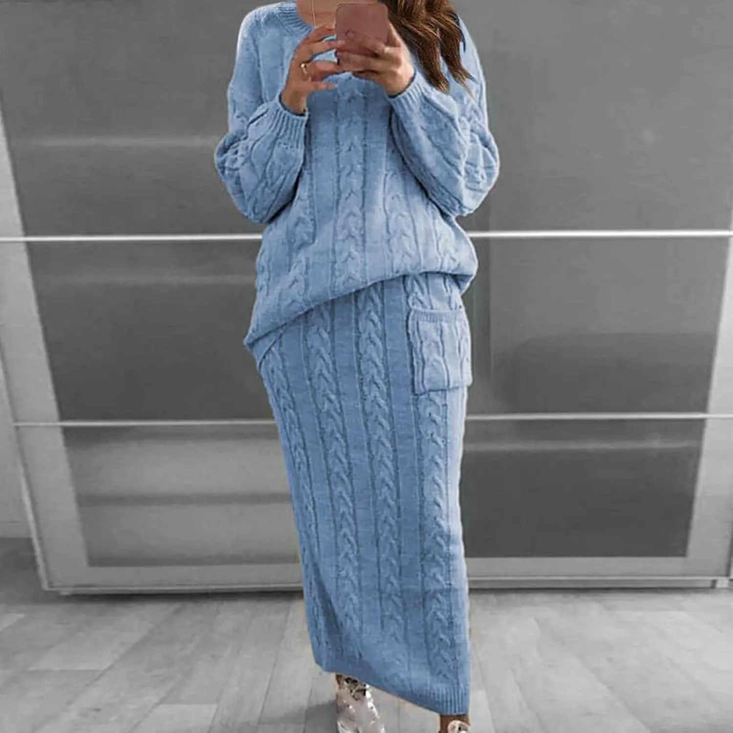 Skirt Sets Women 2 Piece Outfits Winter Chunky Cable Knit Long Sleeve Pullover Sweater and Bodycon Maxi Skirts Set