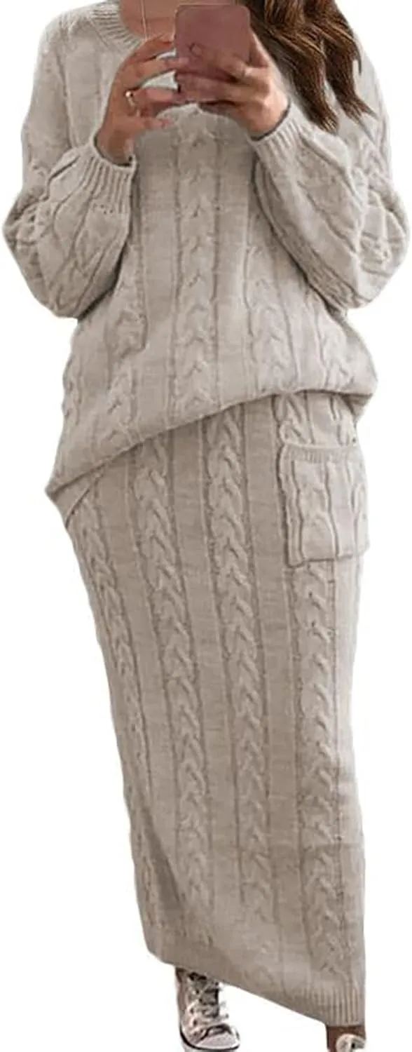 Skirt Sets Women 2 Piece Outfits Winter Chunky Cable Knit Long Sleeve Pullover Sweater and Bodycon Maxi Skirts Set