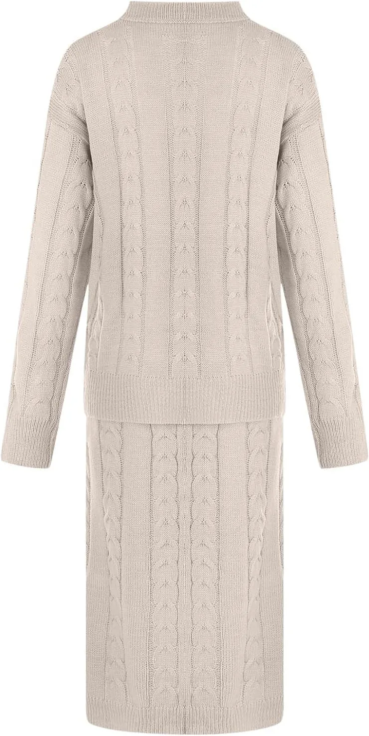 Skirt Sets Women 2 Piece Outfits Winter Chunky Cable Knit Long Sleeve Pullover Sweater and Bodycon Maxi Skirts Set