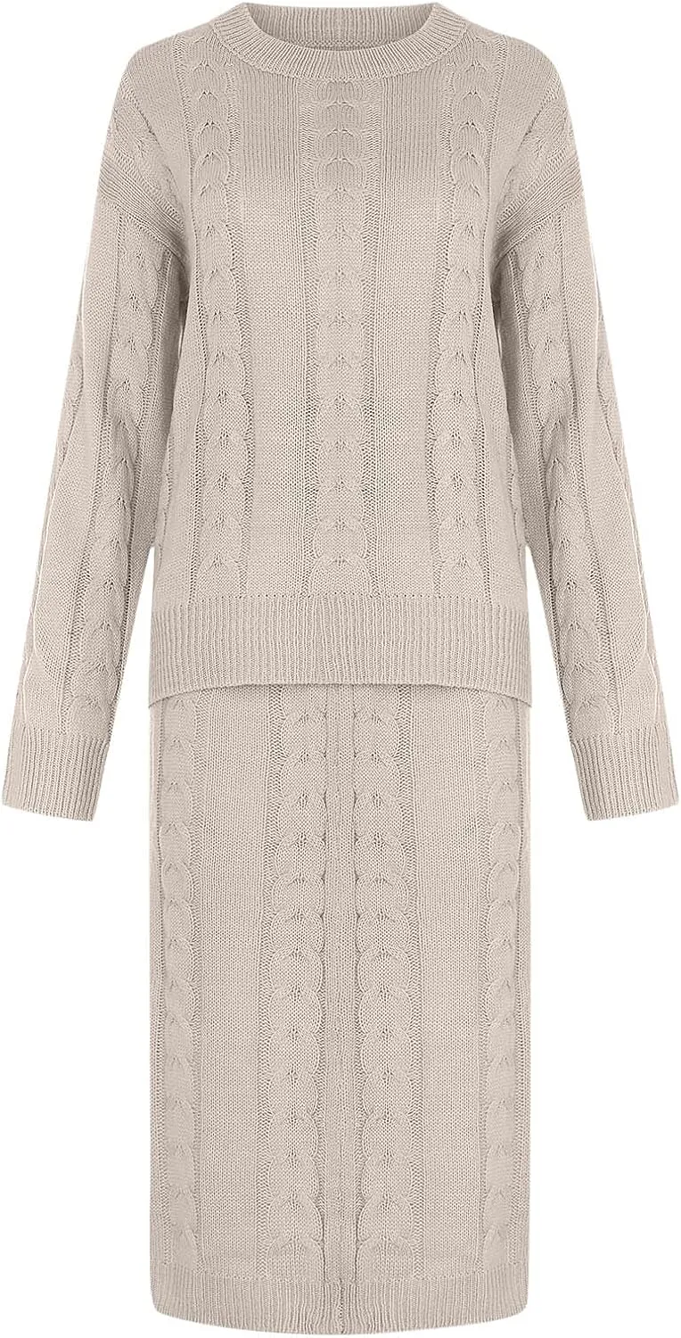 Skirt Sets Women 2 Piece Outfits Winter Chunky Cable Knit Long Sleeve Pullover Sweater and Bodycon Maxi Skirts Set