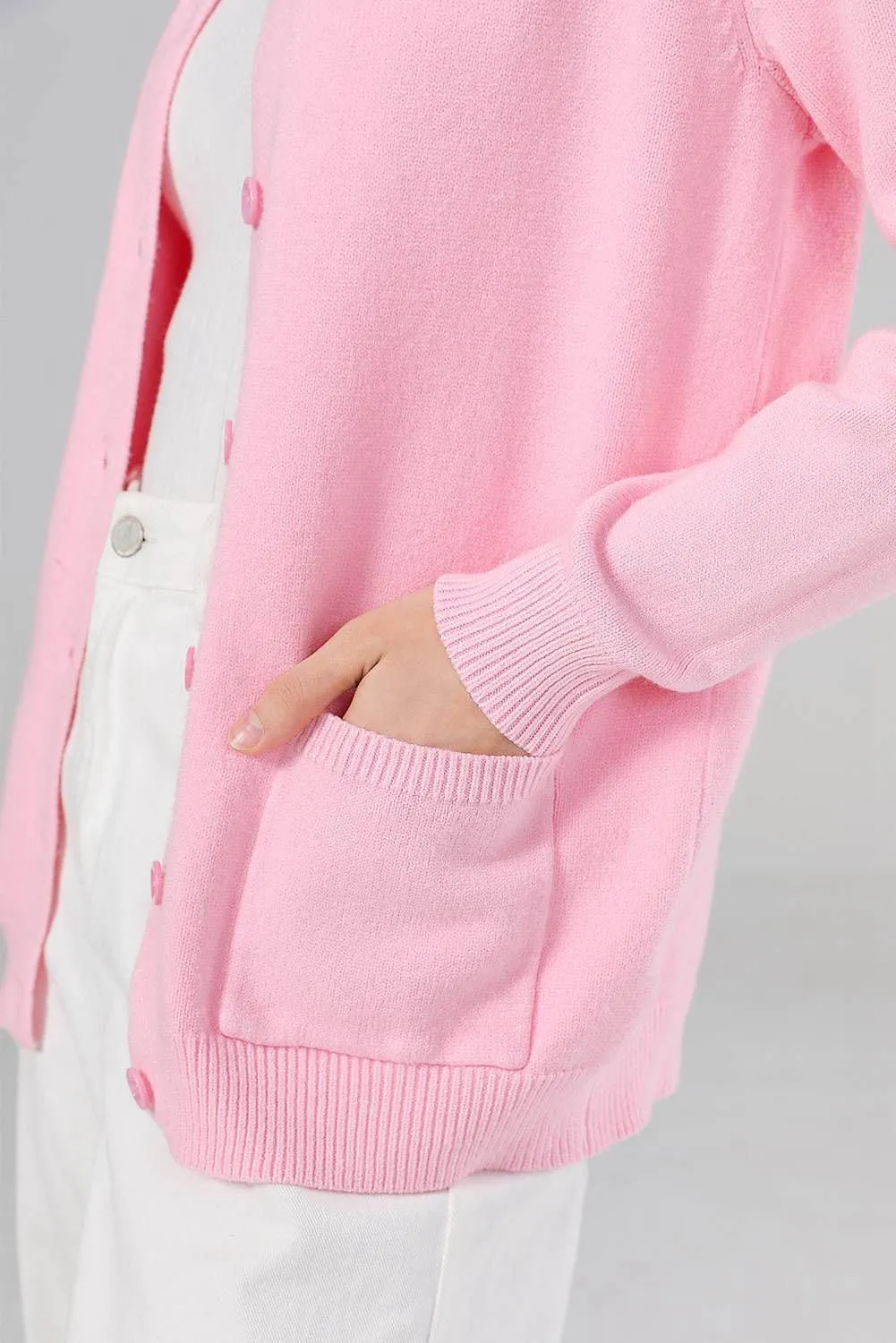 SMILING PINKER Women Cardigan Sweater Button Down Crew Neck Ribbed Knit Sweater with Pockets
