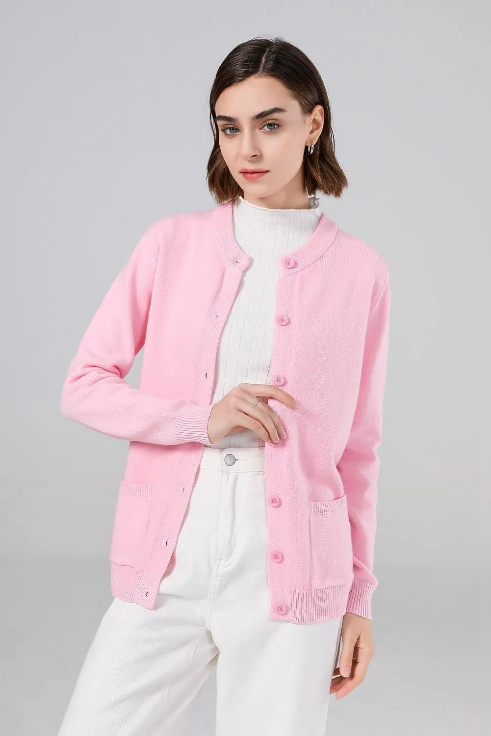 SMILING PINKER Women Cardigan Sweater Button Down Crew Neck Ribbed Knit Sweater with Pockets