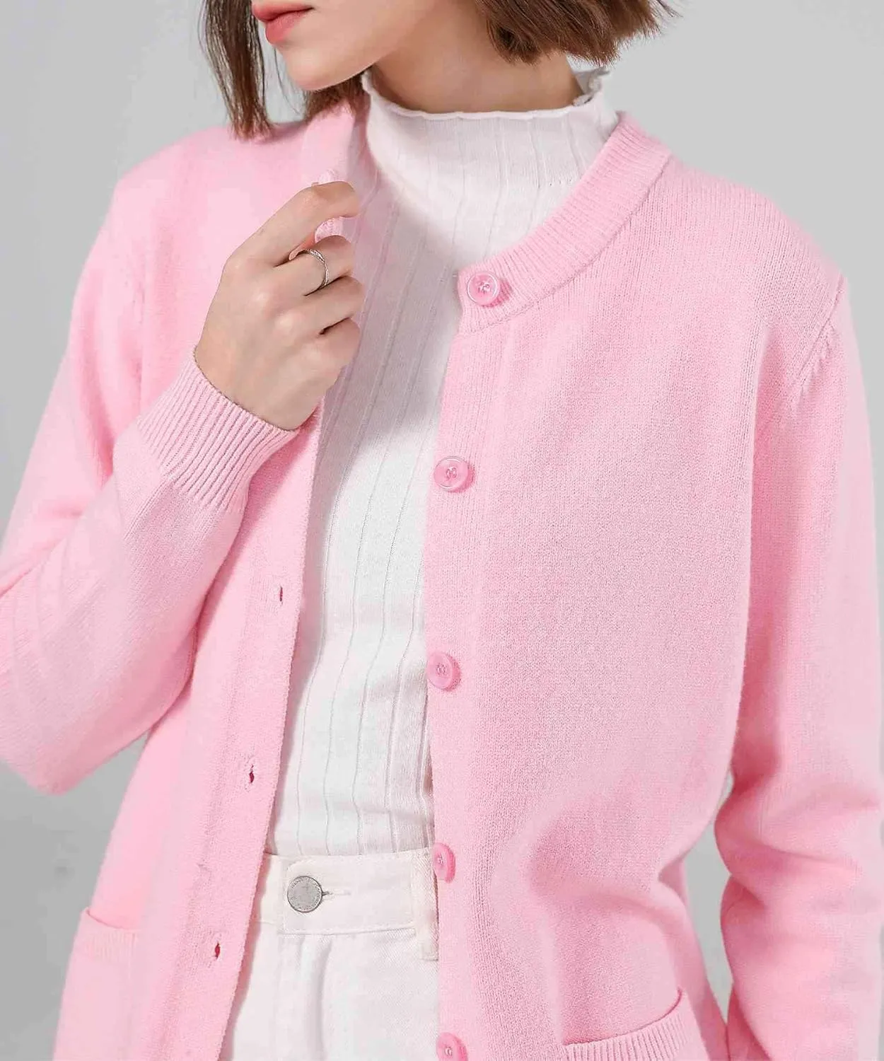 SMILING PINKER Women Cardigan Sweater Button Down Crew Neck Ribbed Knit Sweater with Pockets