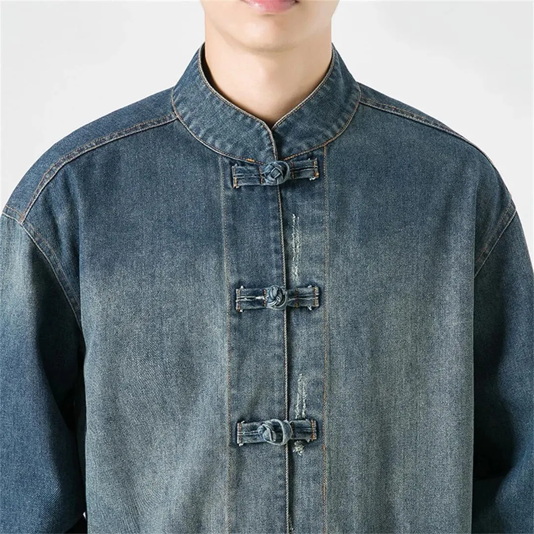 Spring and Autumn Men's Chinese Style Denim Jacket Stand Collar Denim Jacket Men's Casual Cotton Denim Jacket