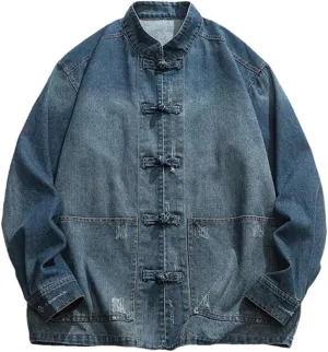 Spring and Autumn Men's Chinese Style Denim Jacket Stand Collar Denim Jacket Men's Casual Cotton Denim Jacket