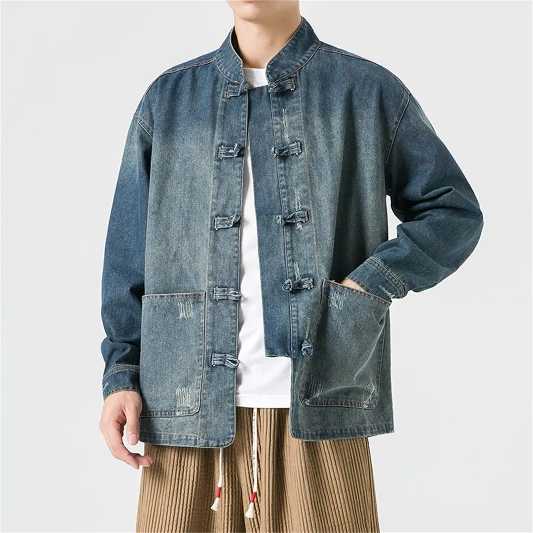 Spring and Autumn Men's Chinese Style Denim Jacket Stand Collar Denim Jacket Men's Casual Cotton Denim Jacket