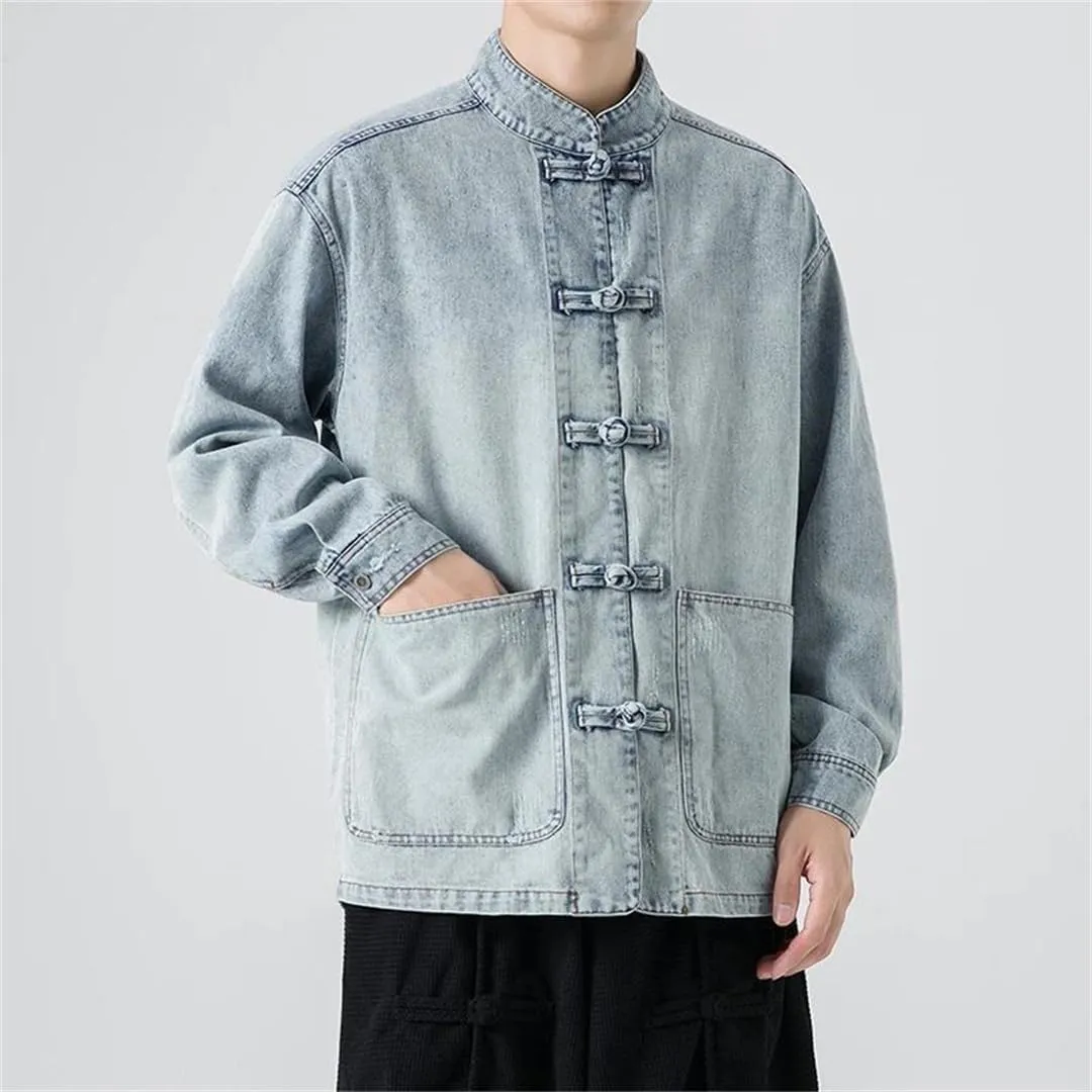 Spring and Autumn Men's Chinese Style Denim Jacket Stand Collar Denim Jacket Men's Casual Cotton Denim Jacket