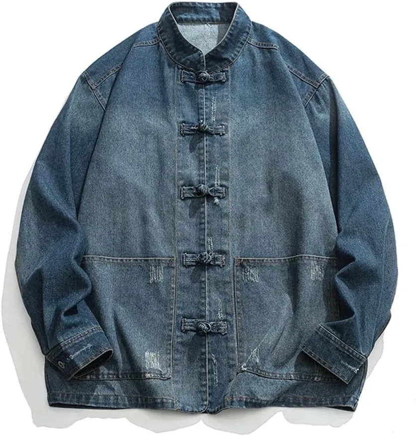 Spring and Autumn Men's Chinese Style Denim Jacket Stand Collar Denim Jacket Men's Casual Cotton Denim Jacket