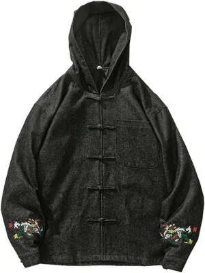 Spring and Autumn Plus-Size Chinese-Style Denim Jacket with Embroidered Retro Tang Suit, Loose Coat for Men
