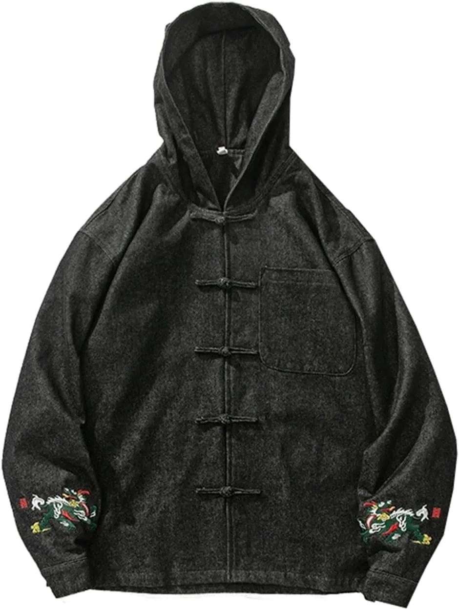 Spring and Autumn Plus-Size Chinese-Style Denim Jacket with Embroidered Retro Tang Suit, Loose Coat for Men