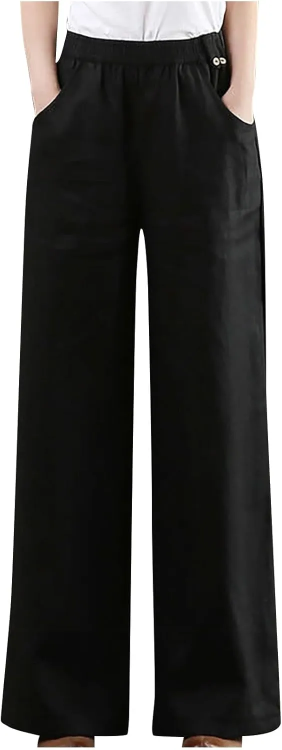 Straight Leg Pants for Women Linen Palazzo Lounge Pants Summer Slacks Loose Casual Wide Leg Trousers