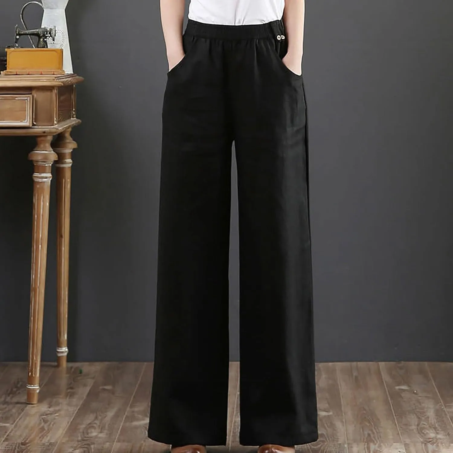 Straight Leg Pants for Women Linen Palazzo Lounge Pants Summer Slacks Loose Casual Wide Leg Trousers