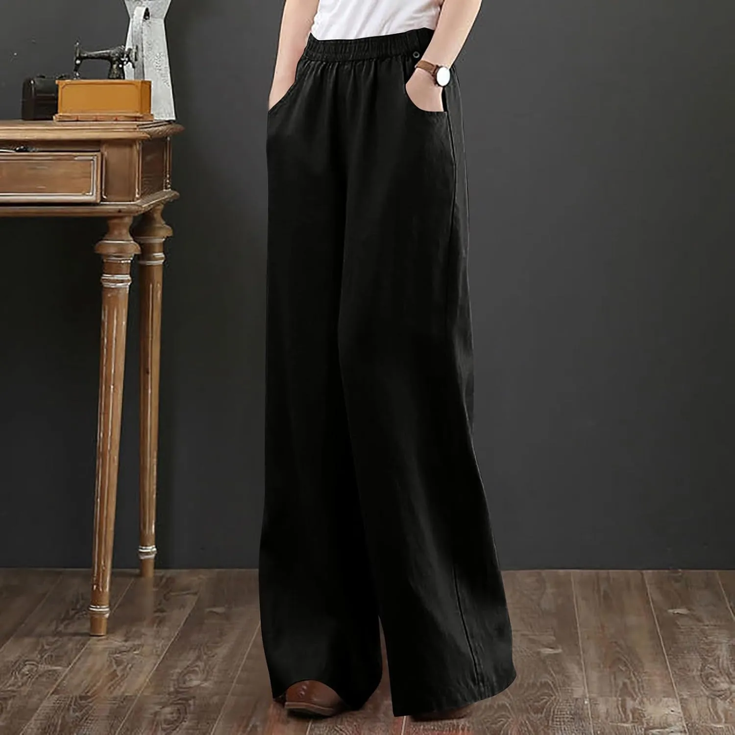 Straight Leg Pants for Women Linen Palazzo Lounge Pants Summer Slacks Loose Casual Wide Leg Trousers