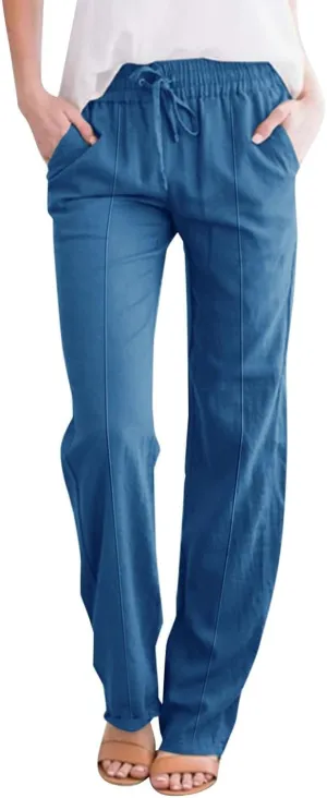 Straight Wide Leg Linen Pants for Women Elastic Drawstring High Waisted Summer Casual Pants Loose Boho Beach Trousers