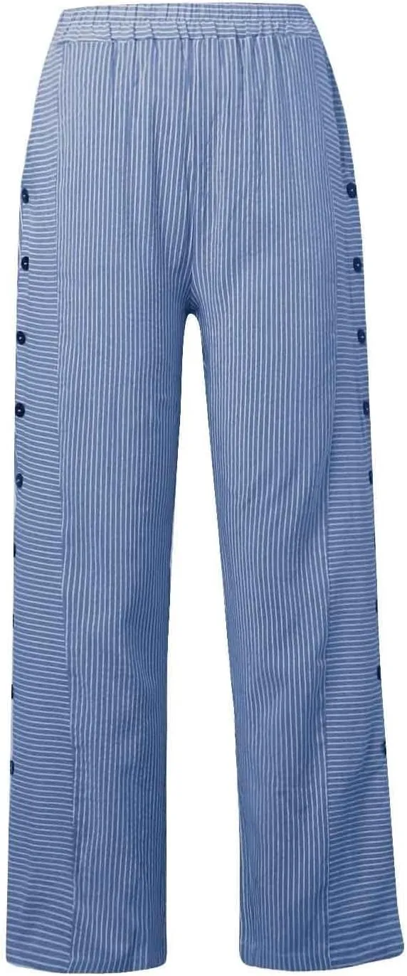 Striped Wide Leg Pants Woman Elastic High Waist Side Button Trousers Lightweight Straight Leg Cropped Pants w/Pockets