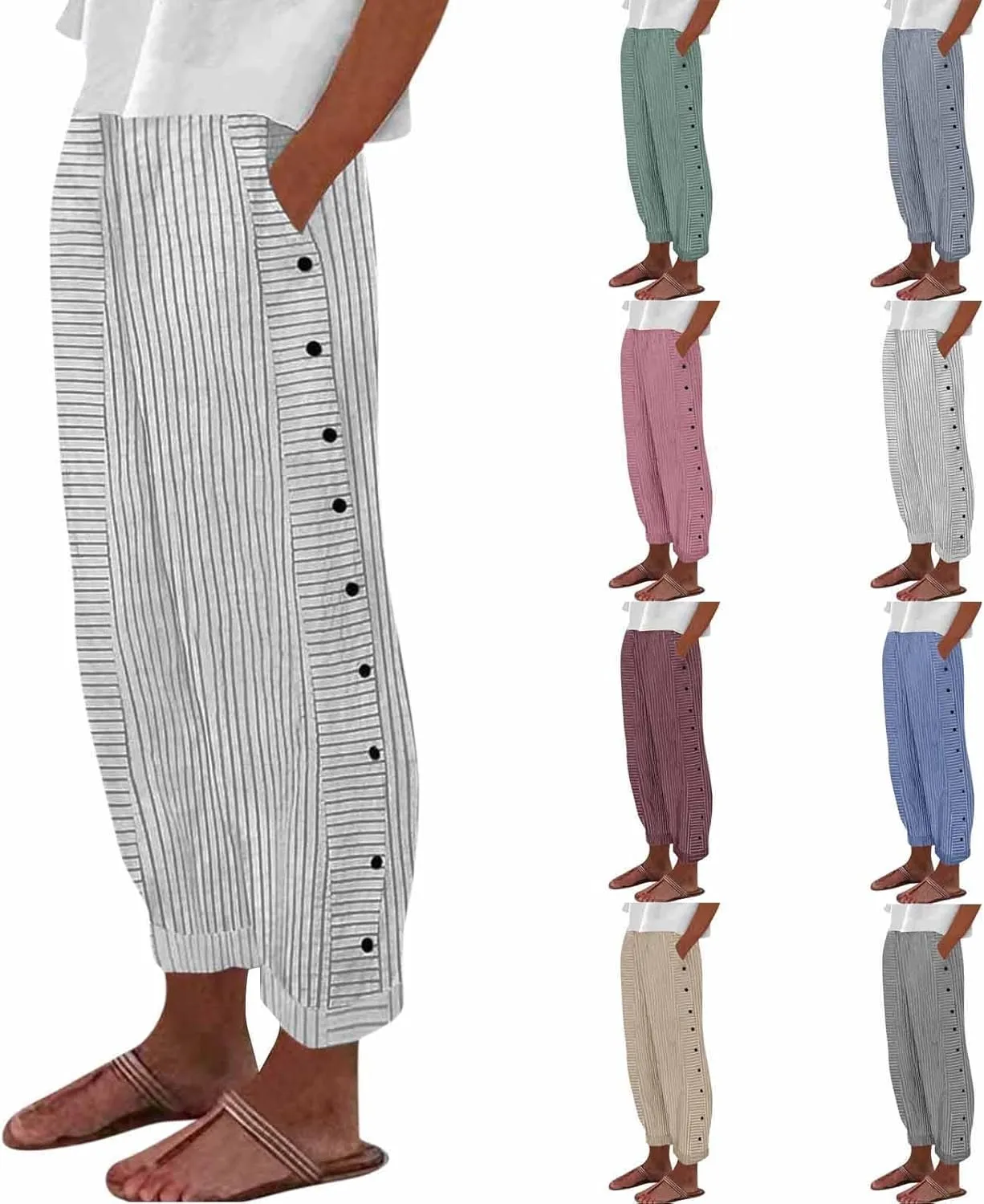 Striped Wide Leg Pants Woman Elastic High Waist Side Button Trousers Lightweight Straight Leg Cropped Pants w/Pockets