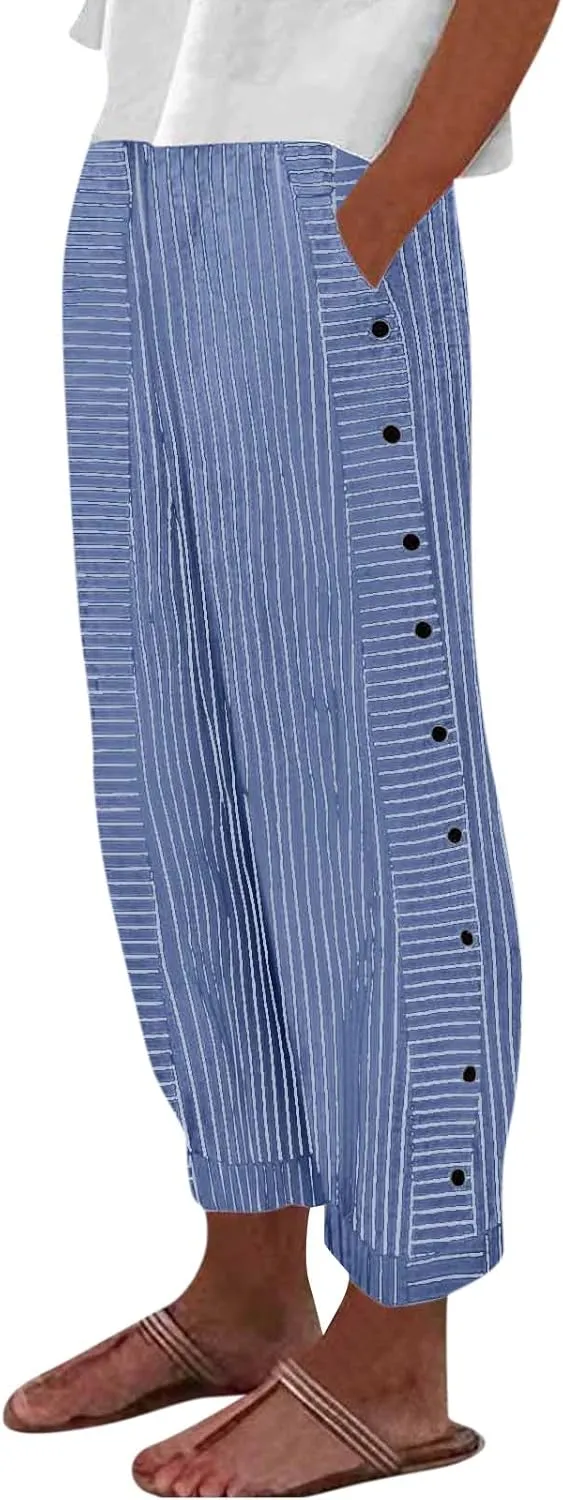Striped Wide Leg Pants Woman Elastic High Waist Side Button Trousers Lightweight Straight Leg Cropped Pants w/Pockets