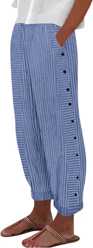 Striped Wide Leg Pants Woman Elastic High Waist Side Button Trousers Lightweight Straight Leg Cropped Pants w/Pockets