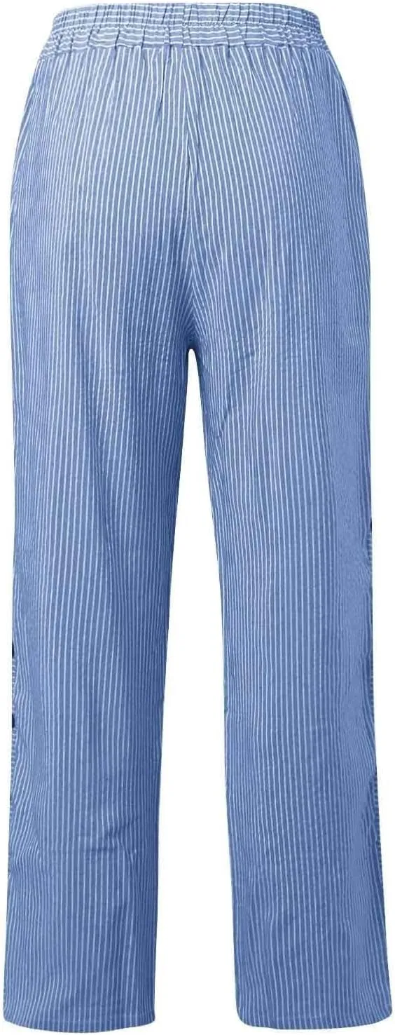 Striped Wide Leg Pants Woman Elastic High Waist Side Button Trousers Lightweight Straight Leg Cropped Pants w/Pockets