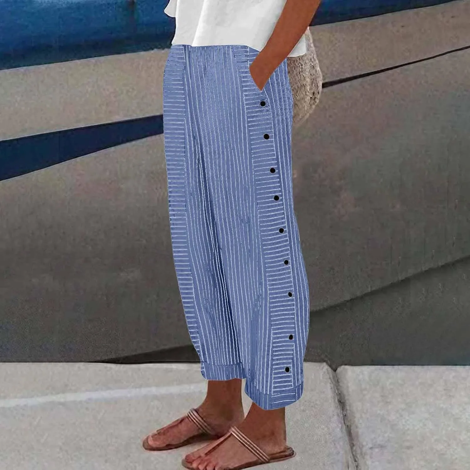 Striped Wide Leg Pants Woman Elastic High Waist Side Button Trousers Lightweight Straight Leg Cropped Pants w/Pockets
