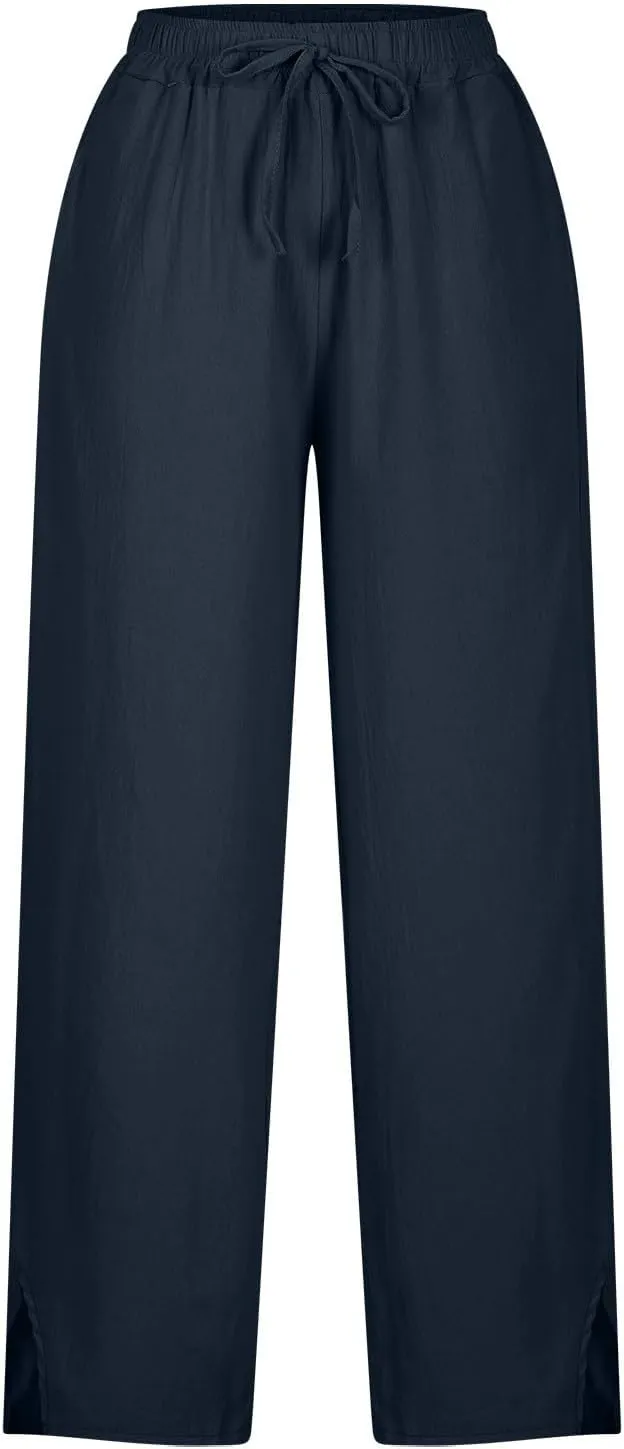 Summer Linen Pants Women High Waist Elastic Straight Wide Leg Lounge Pant Casual Loose Lightweight Beach Trousers