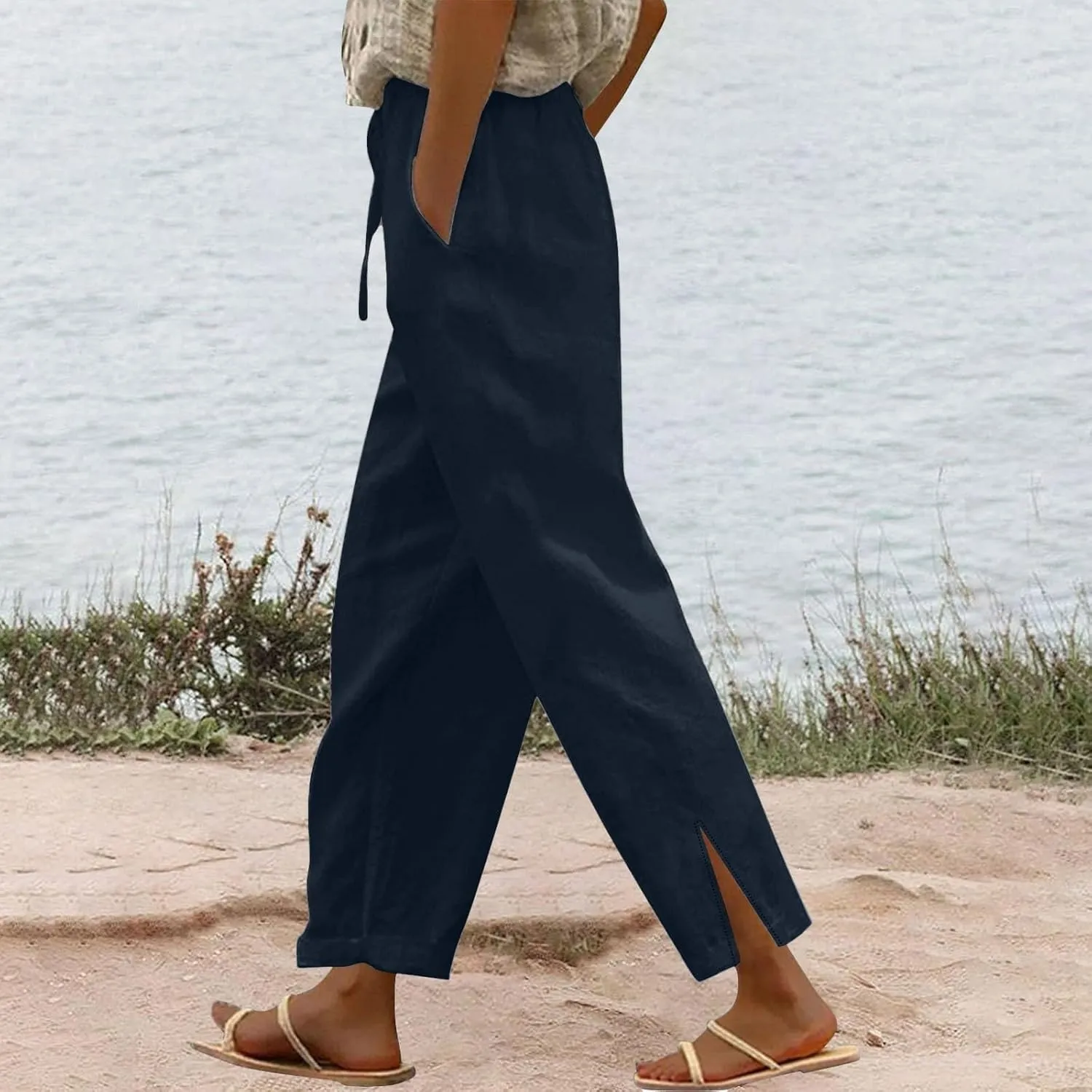 Summer Linen Pants Women High Waist Elastic Straight Wide Leg Lounge Pant Casual Loose Lightweight Beach Trousers