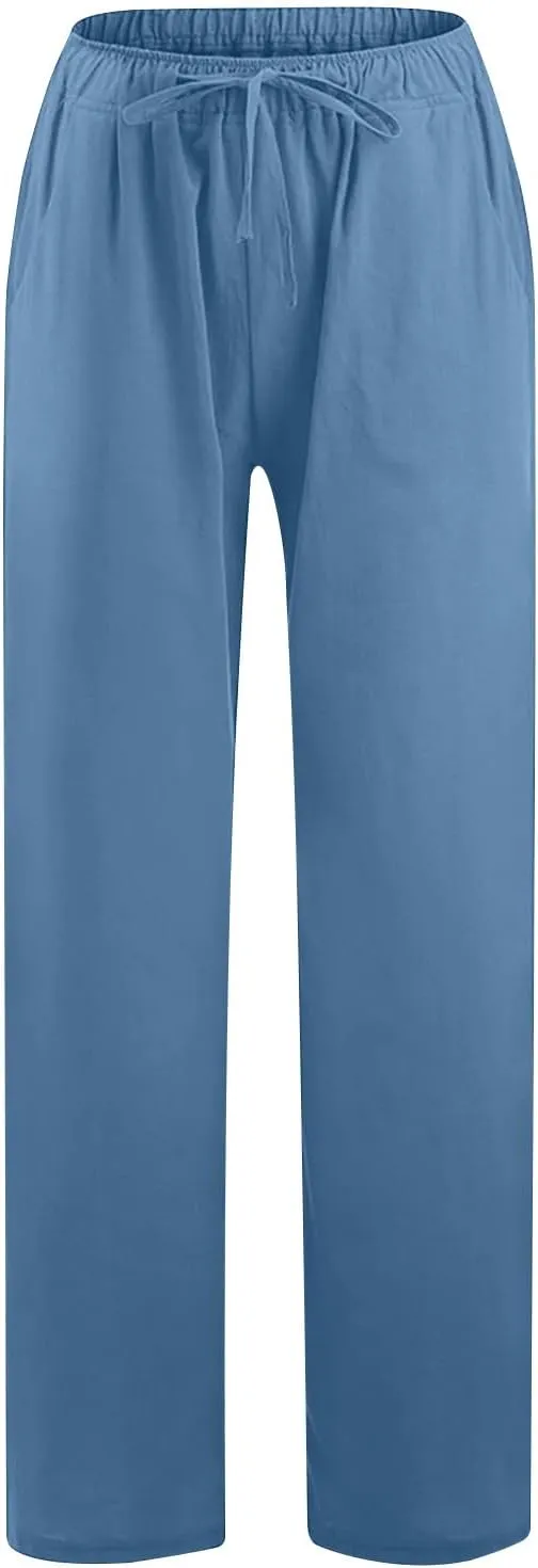 Summer Pants for Women 2024 Flowy High Waisted Solid Wide Leg Pants Cotton Linen Drawstring Trousers with Pockets