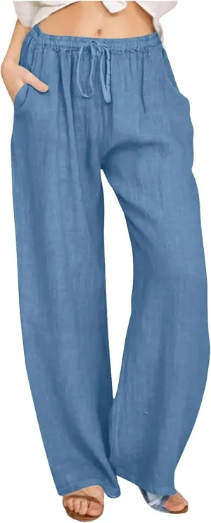 Summer Pants for Women 2024 Flowy High Waisted Solid Wide Leg Pants Cotton Linen Drawstring Trousers with Pockets