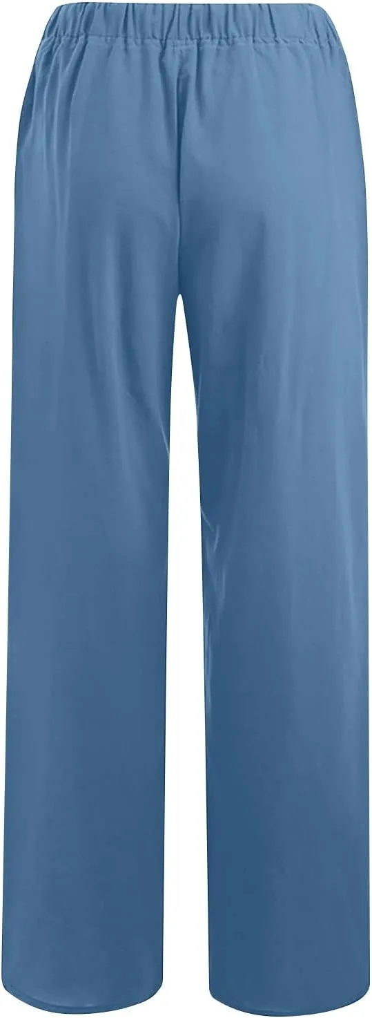 Summer Pants for Women 2024 Flowy High Waisted Solid Wide Leg Pants Cotton Linen Drawstring Trousers with Pockets