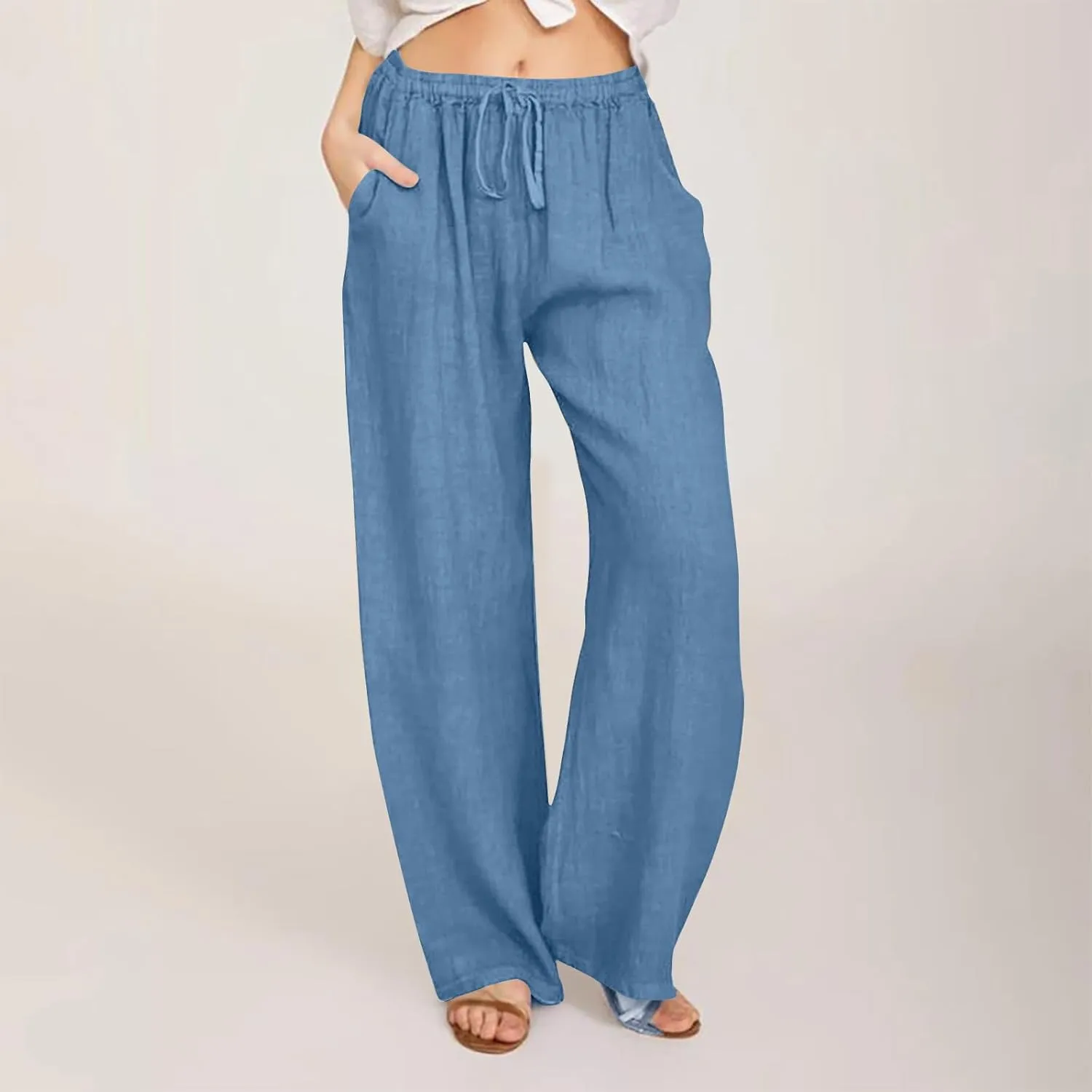 Summer Pants for Women 2024 Flowy High Waisted Solid Wide Leg Pants Cotton Linen Drawstring Trousers with Pockets