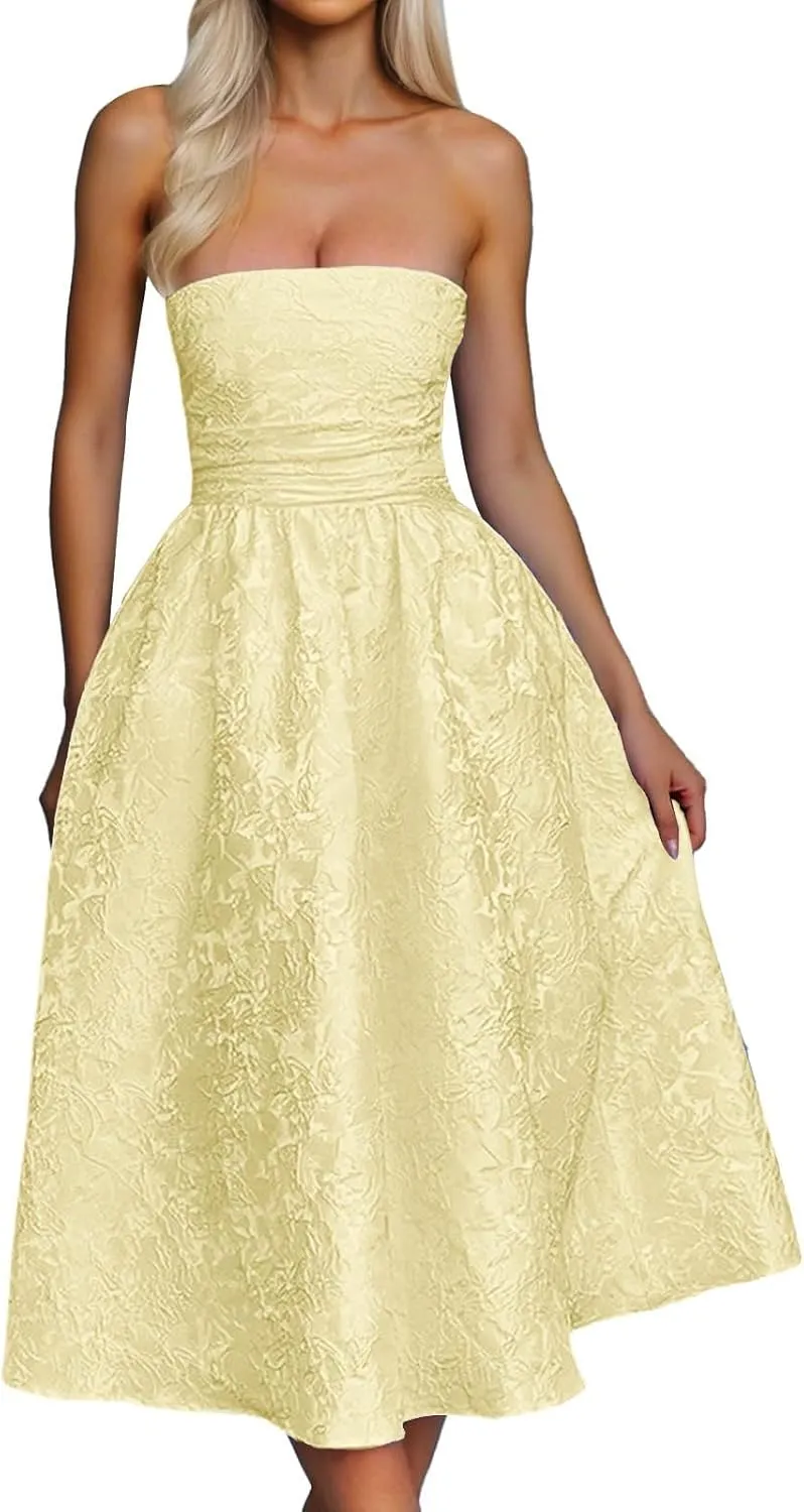 Summer Strapless Floral Homecoming Dresses with Pocket Corset A Line Midi Cocktail Plus Size Dresses for