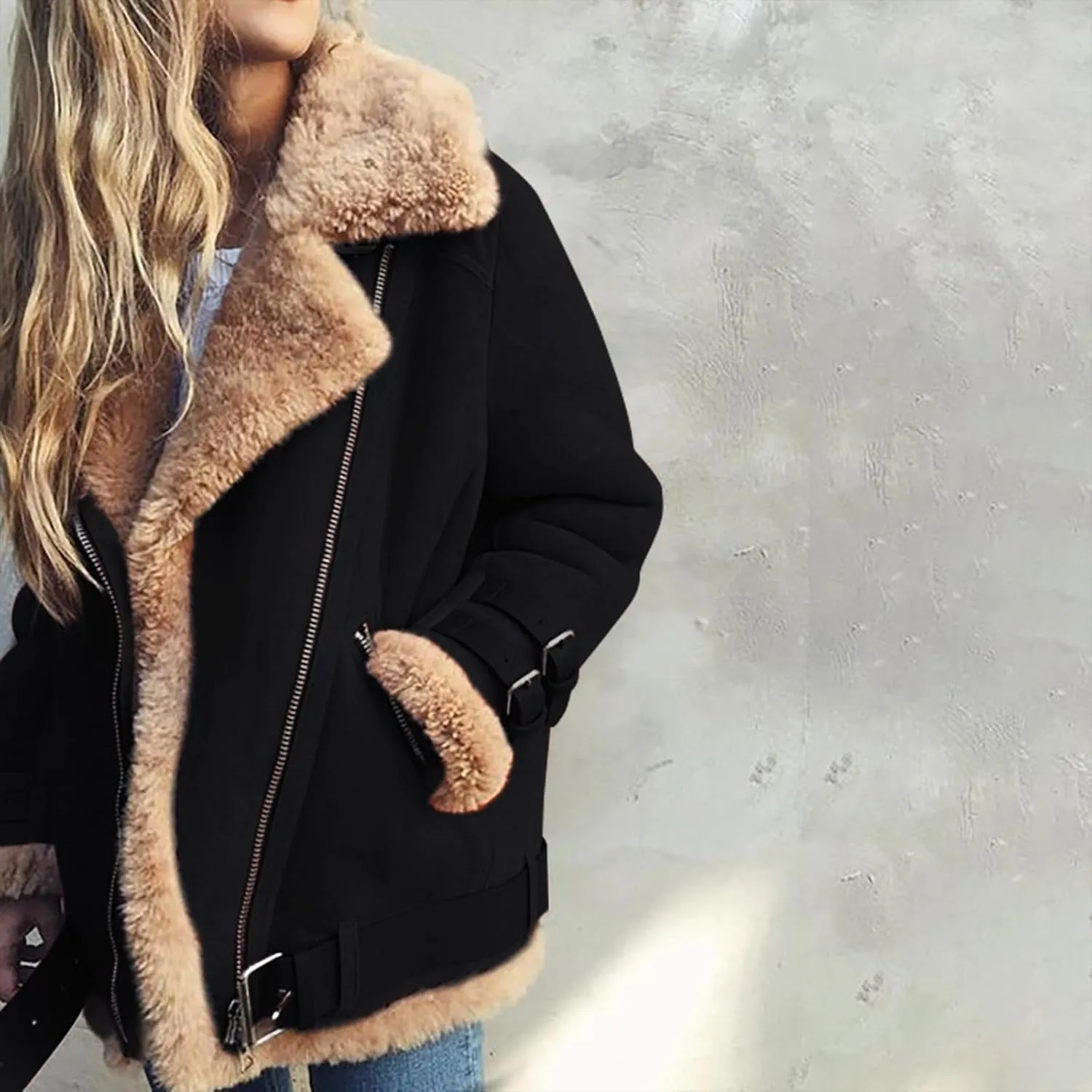 TANGNADE Women's Faux Suede Leather Shearing Moto Jacket Thick Lined Parka Winter Coat Leather Jacket