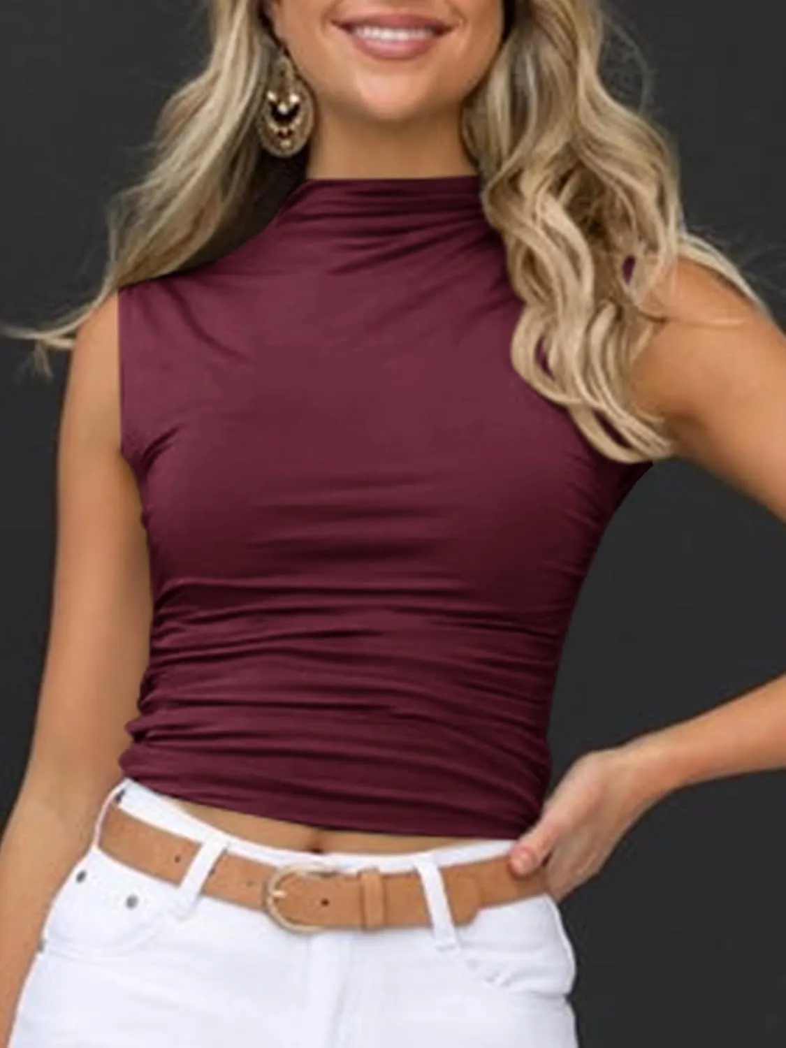 Tankaneo Womens Sleeveless Mock Turtleneck Tank Tops Slim Fitted Ruched Crop Top Shirts