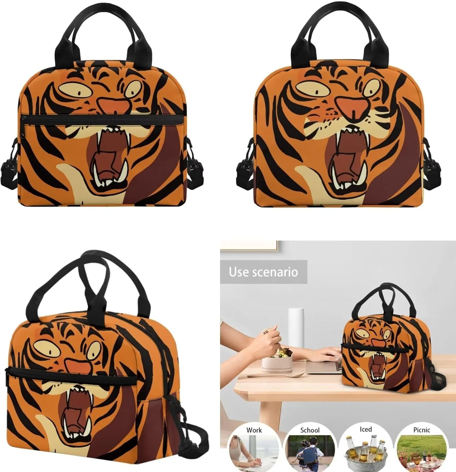 Teen Boys School Backpack Kids Bookbag Lightweight Travel Laptop Backpack Stylish Casual Daypack Reusable Thermal Cooler Leakproof Insulated Lunch Bag Cartoon Tiger