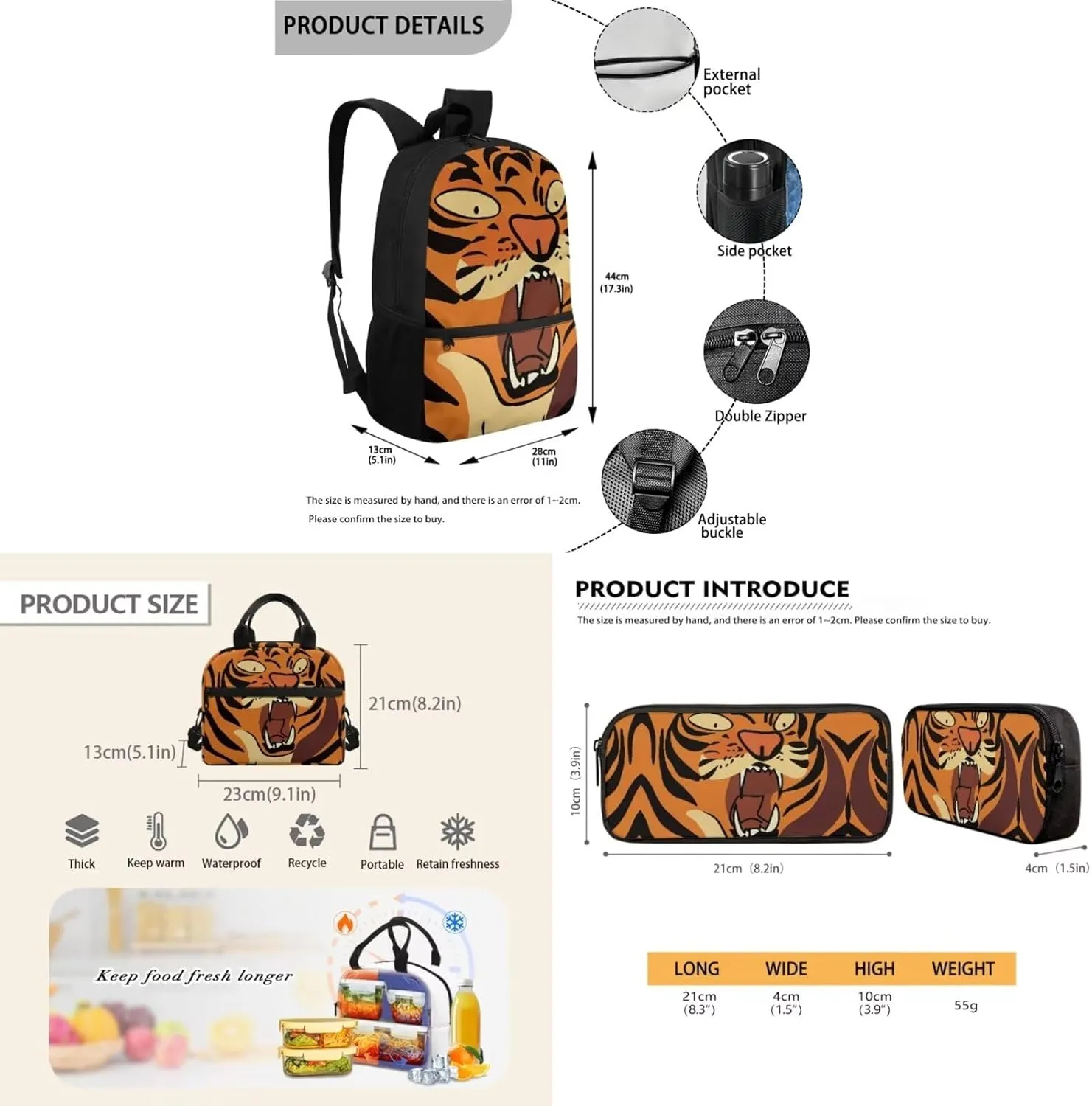 Teen Boys School Backpack Kids Bookbag Lightweight Travel Laptop Backpack Stylish Casual Daypack Reusable Thermal Cooler Leakproof Insulated Lunch Bag Cartoon Tiger