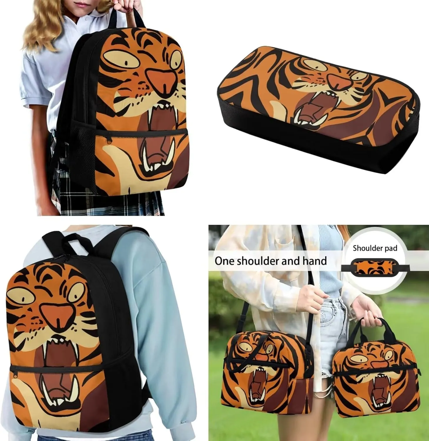 Teen Boys School Backpack Kids Bookbag Lightweight Travel Laptop Backpack Stylish Casual Daypack Reusable Thermal Cooler Leakproof Insulated Lunch Bag Cartoon Tiger