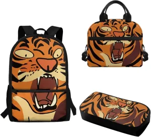 Teen Boys School Backpack Kids Bookbag Lightweight Travel Laptop Backpack Stylish Casual Daypack Reusable Thermal Cooler Leakproof Insulated Lunch Bag Cartoon Tiger
