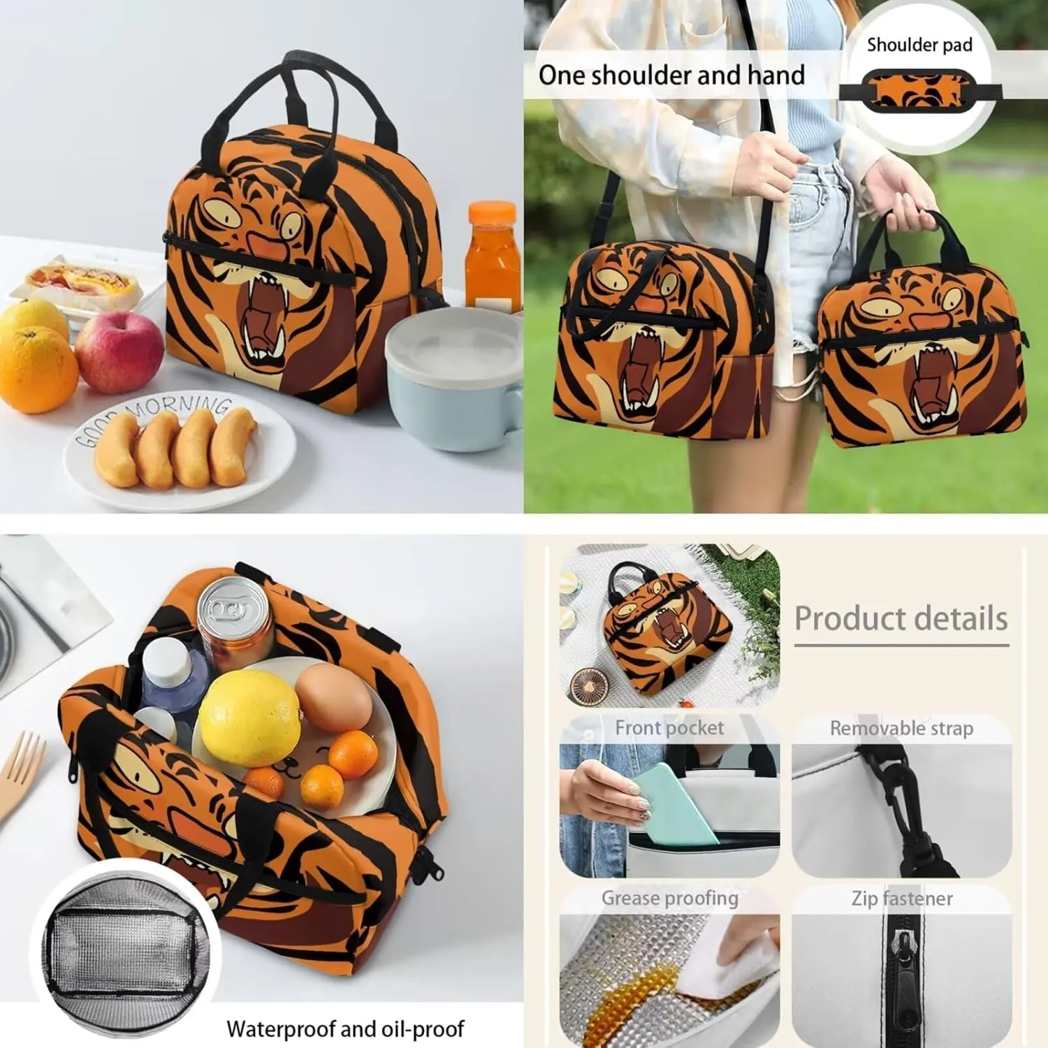 Teen Boys School Backpack Kids Bookbag Lightweight Travel Laptop Backpack Stylish Casual Daypack Reusable Thermal Cooler Leakproof Insulated Lunch Bag Cartoon Tiger