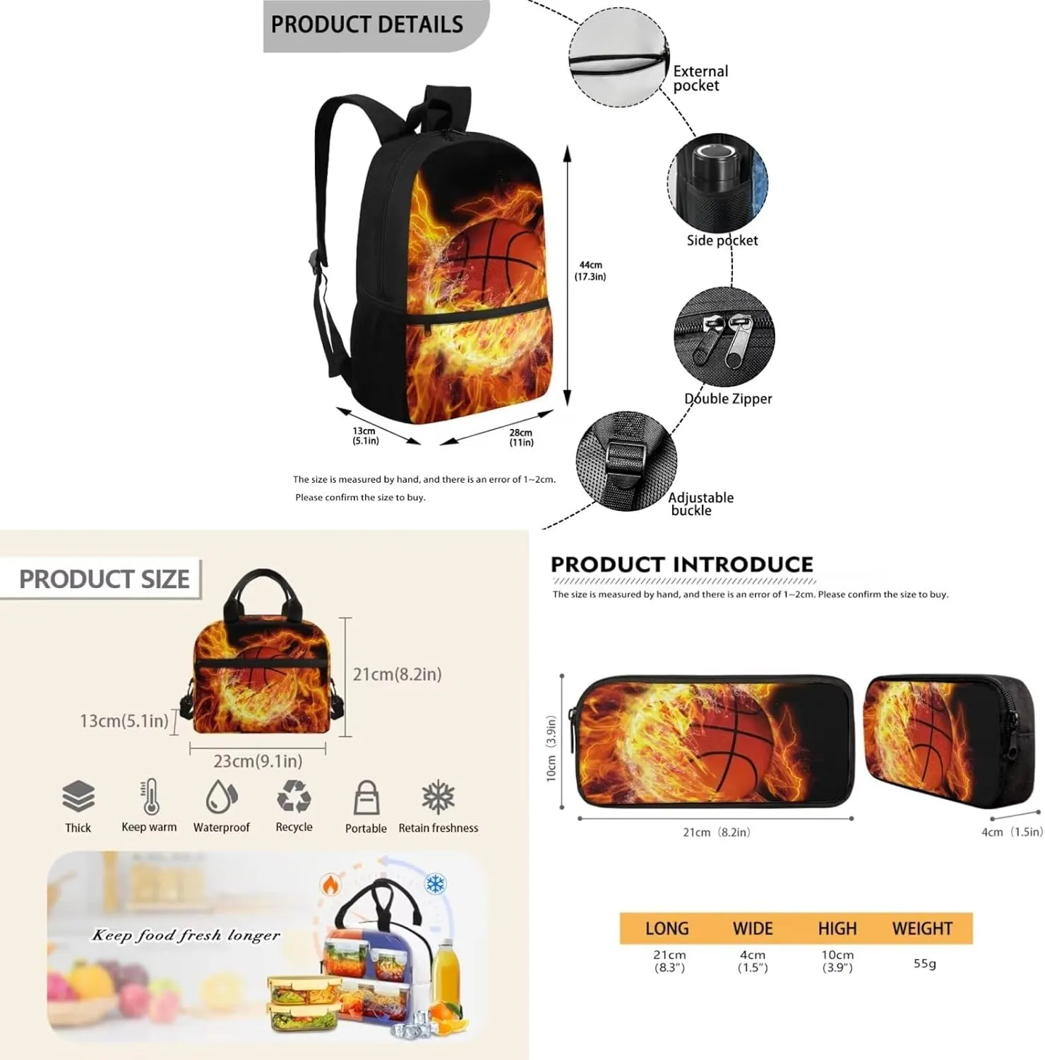 Teen Girls School Backpack Kids Bookbag Lightweight Travel Laptop Backpack Stylish Casual Daypack Reusable Thermal Cooler Leakproof Insulated Lunch Bag Burning Basketball