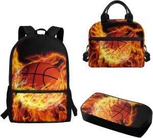 Teen Girls School Backpack Kids Bookbag Lightweight Travel Laptop Backpack Stylish Casual Daypack Reusable Thermal Cooler Leakproof Insulated Lunch Bag Burning Basketball