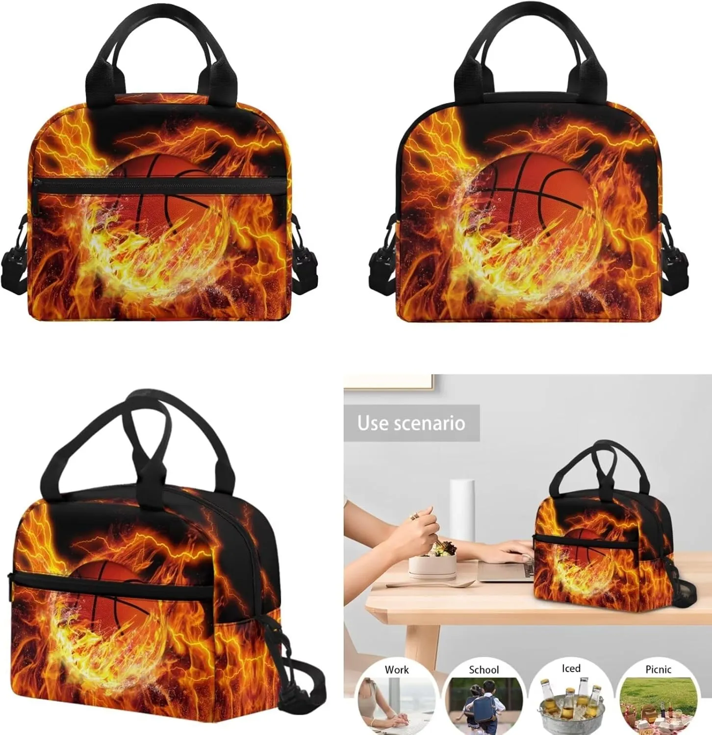 Teen Girls School Backpack Kids Bookbag Lightweight Travel Laptop Backpack Stylish Casual Daypack Reusable Thermal Cooler Leakproof Insulated Lunch Bag Burning Basketball