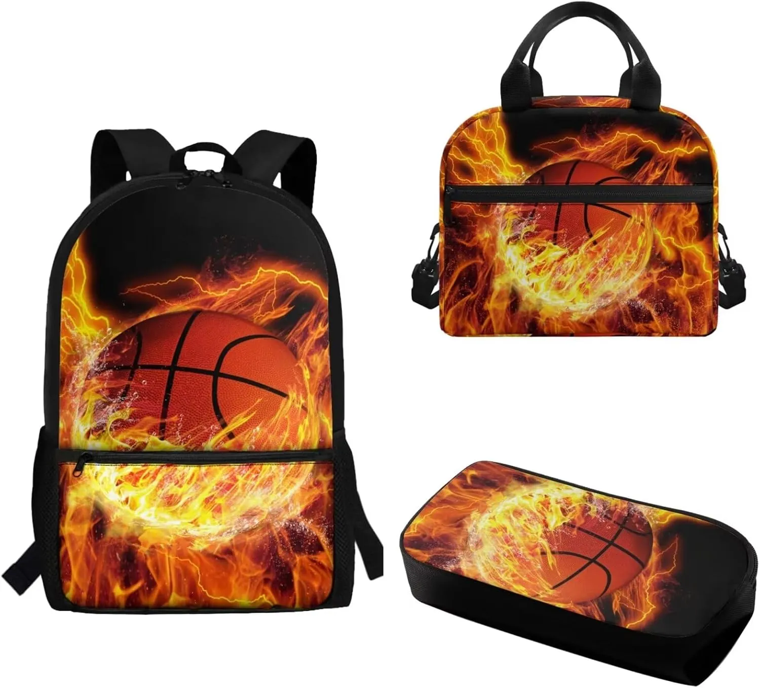 Teen Girls School Backpack Kids Bookbag Lightweight Travel Laptop Backpack Stylish Casual Daypack Reusable Thermal Cooler Leakproof Insulated Lunch Bag Burning Basketball