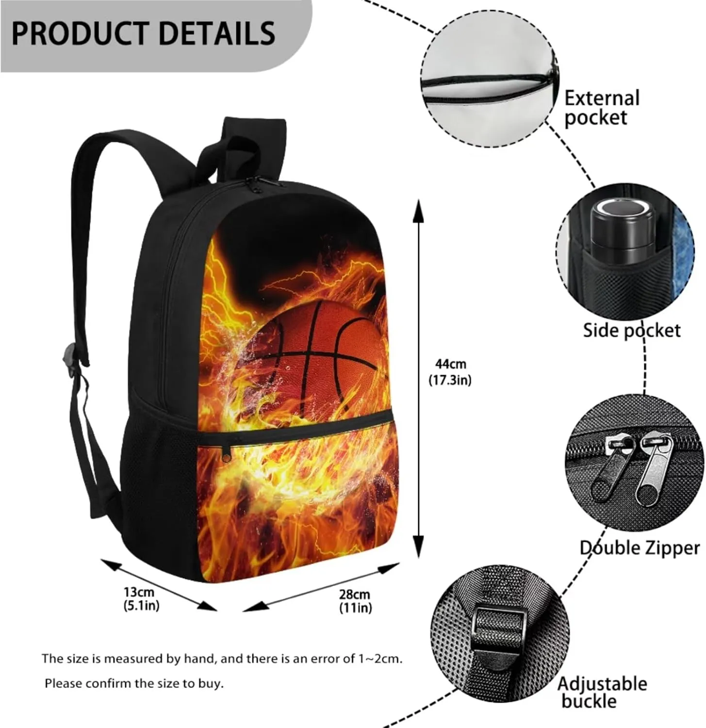 Teen Girls School Backpack Kids Bookbag Lightweight Travel Laptop Backpack Stylish Casual Daypack Reusable Thermal Cooler Leakproof Insulated Lunch Bag Burning Basketball