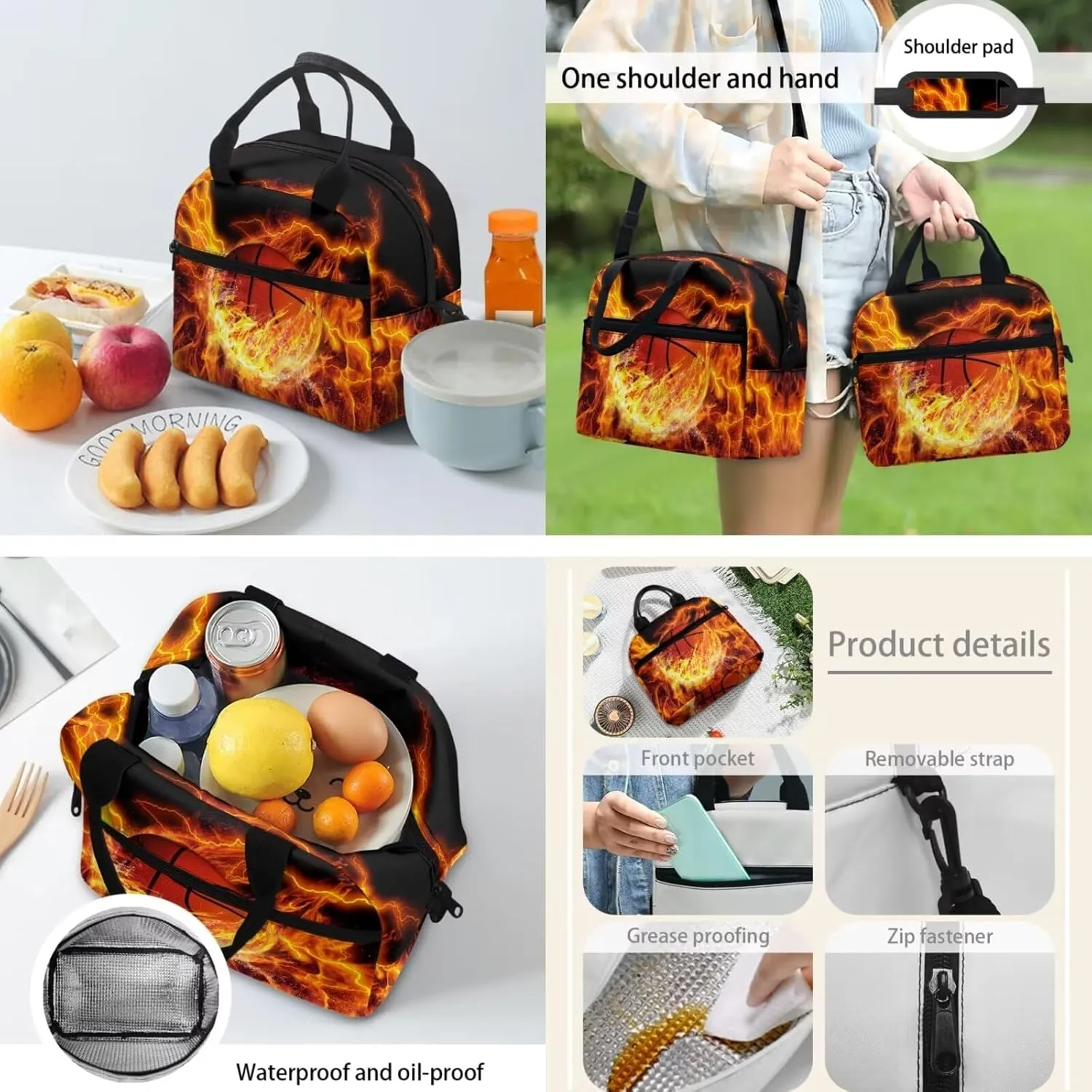 Teen Girls School Backpack Kids Bookbag Lightweight Travel Laptop Backpack Stylish Casual Daypack Reusable Thermal Cooler Leakproof Insulated Lunch Bag Burning Basketball