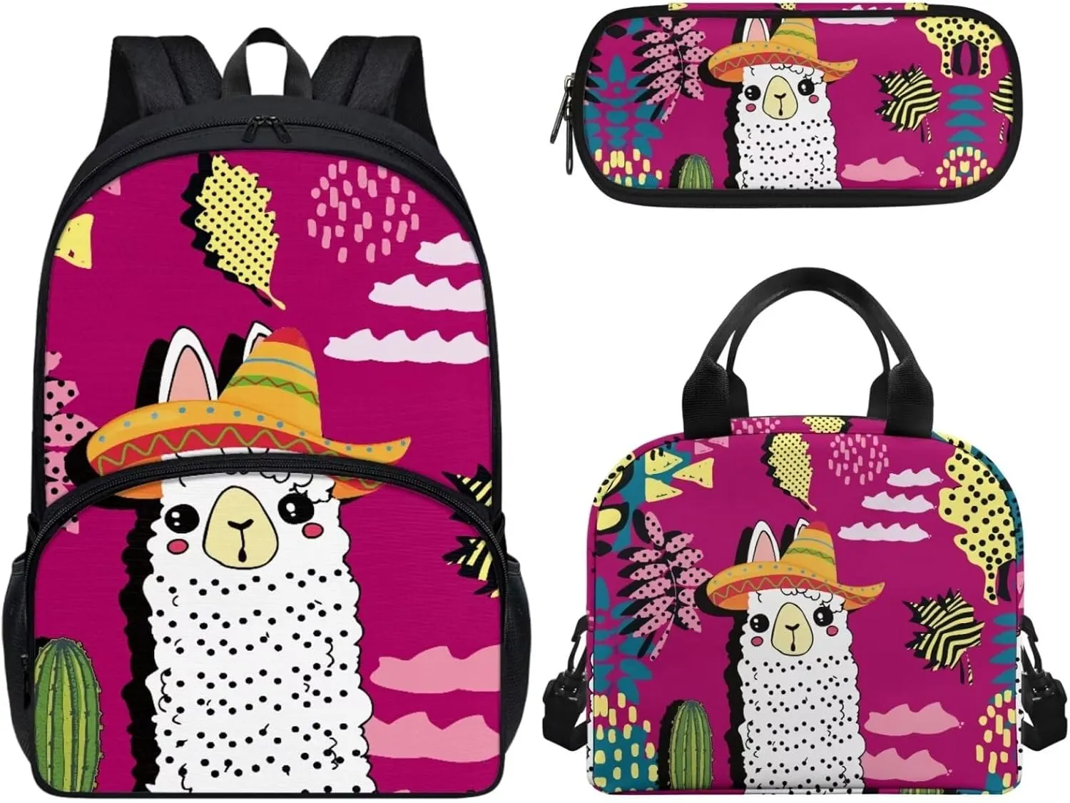 Teen Girls School Backpack Kids Bookbag Lightweight Travel Laptop Backpack Stylish Casual Daypack Reusable Thermal Cooler Leakproof Insulated Lunch Bag Cartoon Alpaca