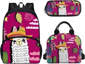 Teen Girls School Backpack Kids Bookbag Lightweight Travel Laptop Backpack Stylish Casual Daypack Reusable Thermal Cooler Leakproof Insulated Lunch Bag Cartoon Alpaca