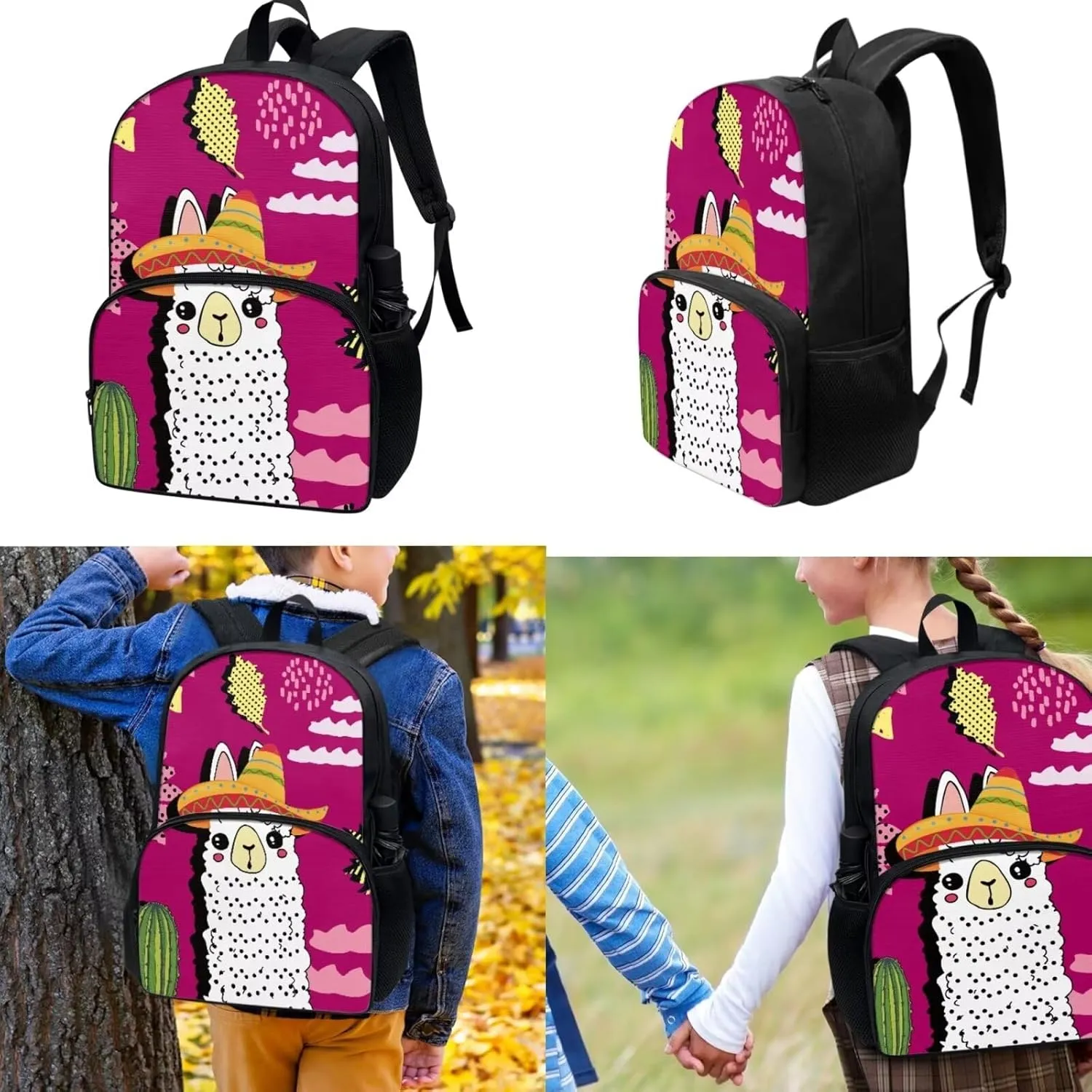 Teen Girls School Backpack Kids Bookbag Lightweight Travel Laptop Backpack Stylish Casual Daypack Reusable Thermal Cooler Leakproof Insulated Lunch Bag Cartoon Alpaca