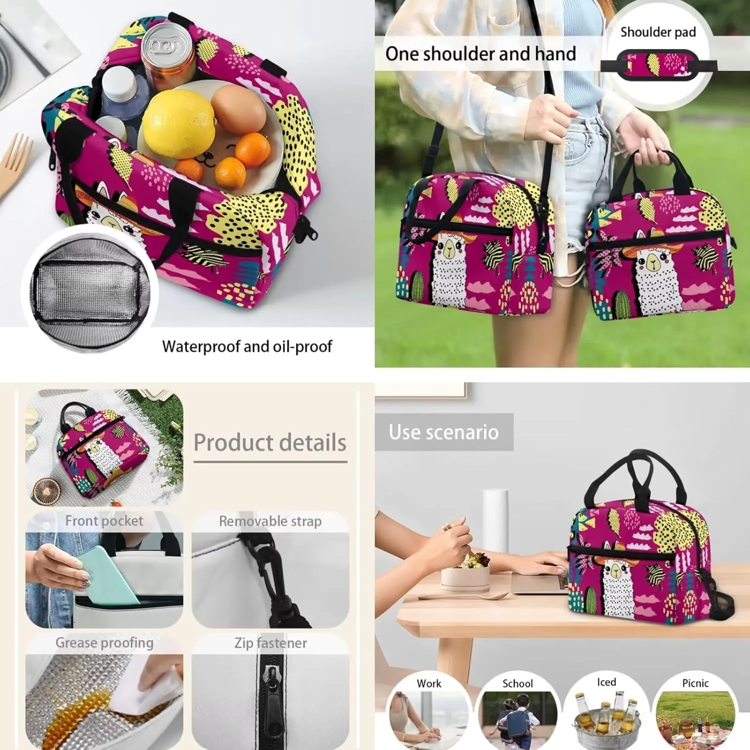 Teen Girls School Backpack Kids Bookbag Lightweight Travel Laptop Backpack Stylish Casual Daypack Reusable Thermal Cooler Leakproof Insulated Lunch Bag Cartoon Alpaca