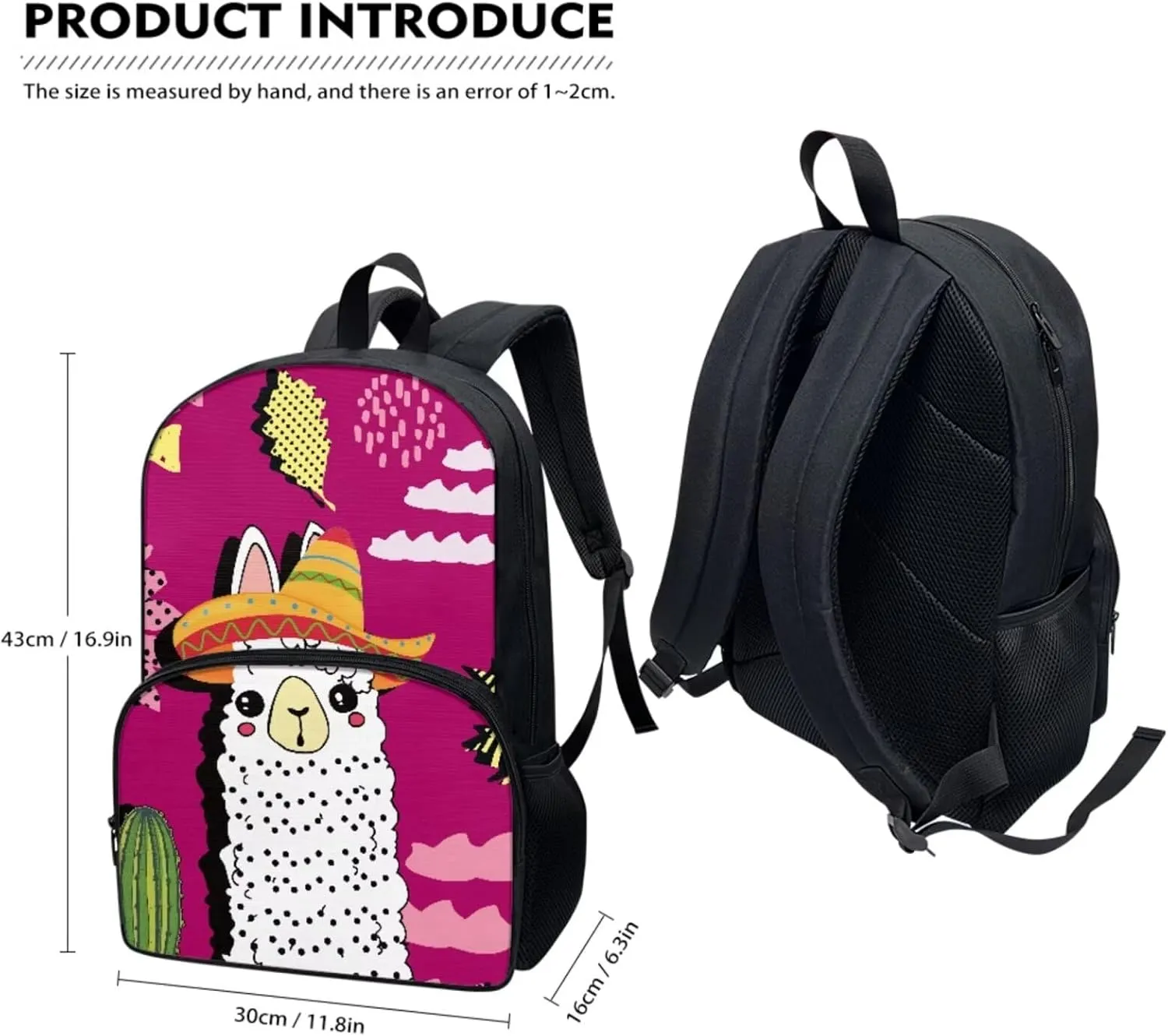 Teen Girls School Backpack Kids Bookbag Lightweight Travel Laptop Backpack Stylish Casual Daypack Reusable Thermal Cooler Leakproof Insulated Lunch Bag Cartoon Alpaca